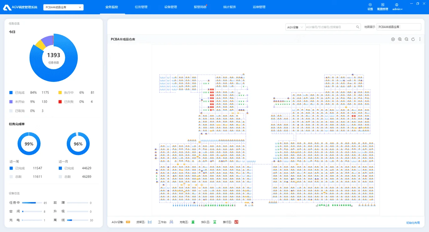 RCS fleet management dashboard with warehouse map and task status