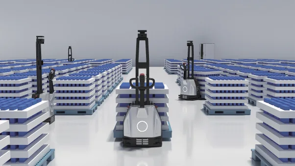 D150 pallet jack AMR operating in a pallet warehouse render