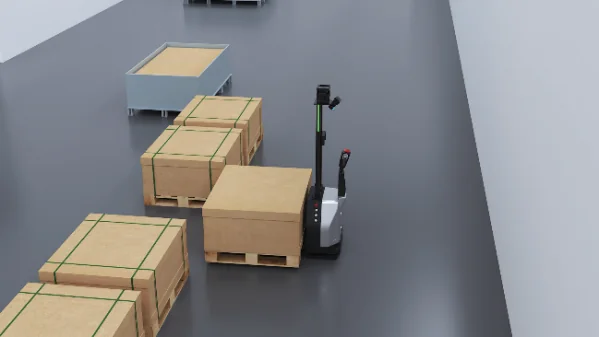 Pallet jack AMR approaching palletized loads