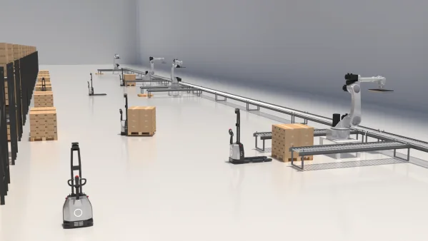 AMR pallet flow beside an automated line render