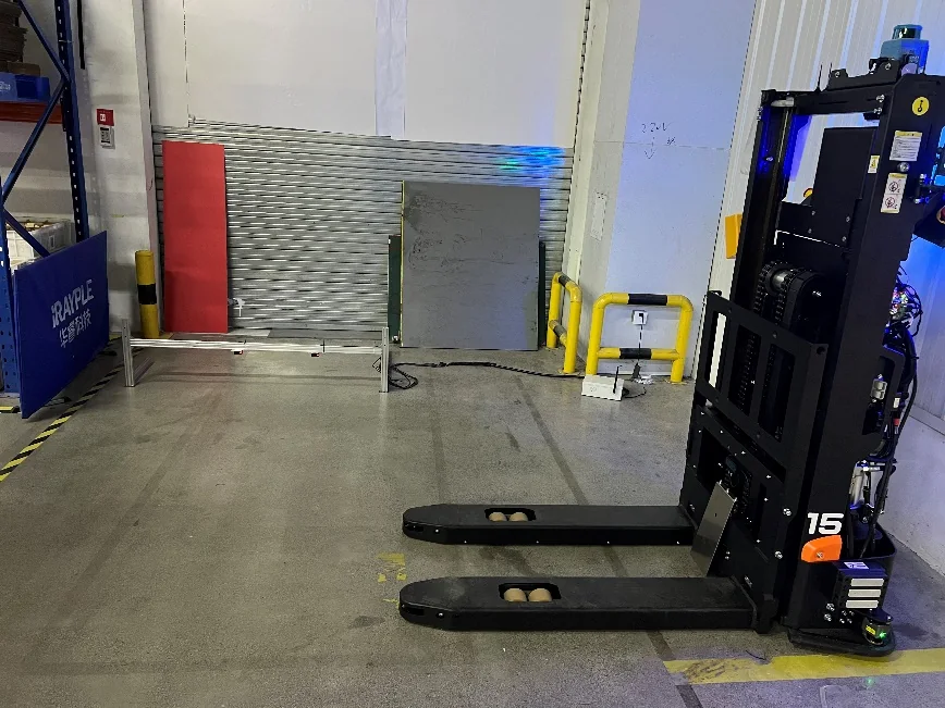 Forklift AMR positioned for sensor calibration and commissioning