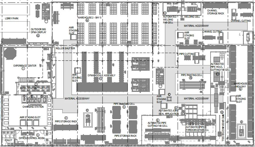 Anonymized warehouse layout with AMR staging slots and operation areas